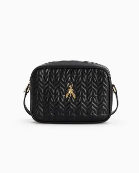 Borsa nera in pelle trapuntata a motivo monogram con tracolla regolabile