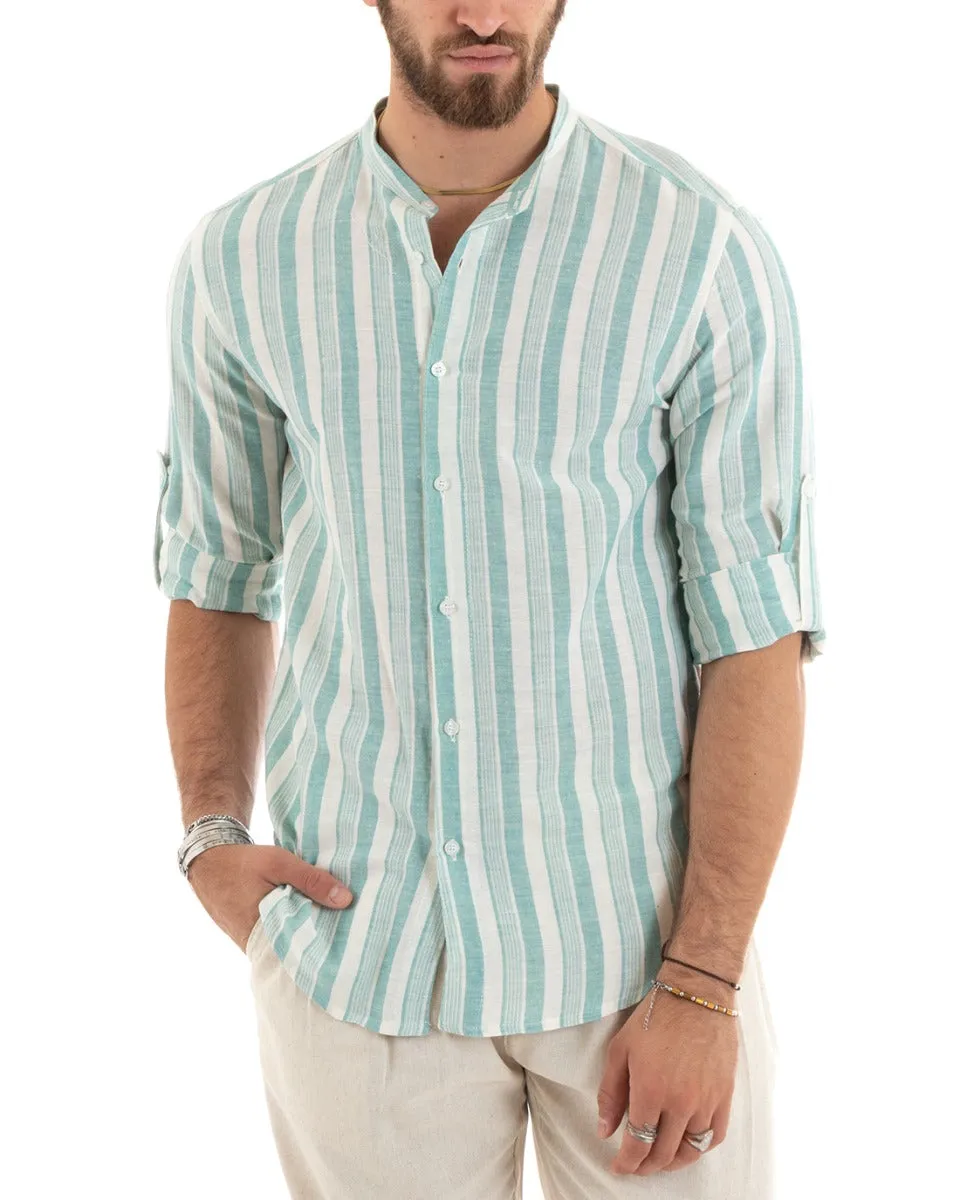 Camicia Uomo Collo Coreano Manica Lunga Lino Rigata Verde Acqua GIOSAL-C2708A